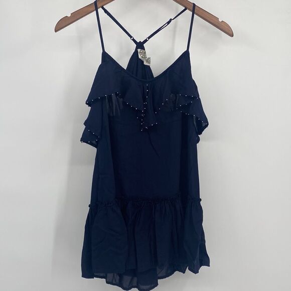 Free People Navy Racerback Tank Top Beaded and Ruffled Small - Picture 1 of 8